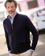 Load image into Gallery viewer, Fine-Gauge Track Jacket Sweater in Navy Escorial Wool
