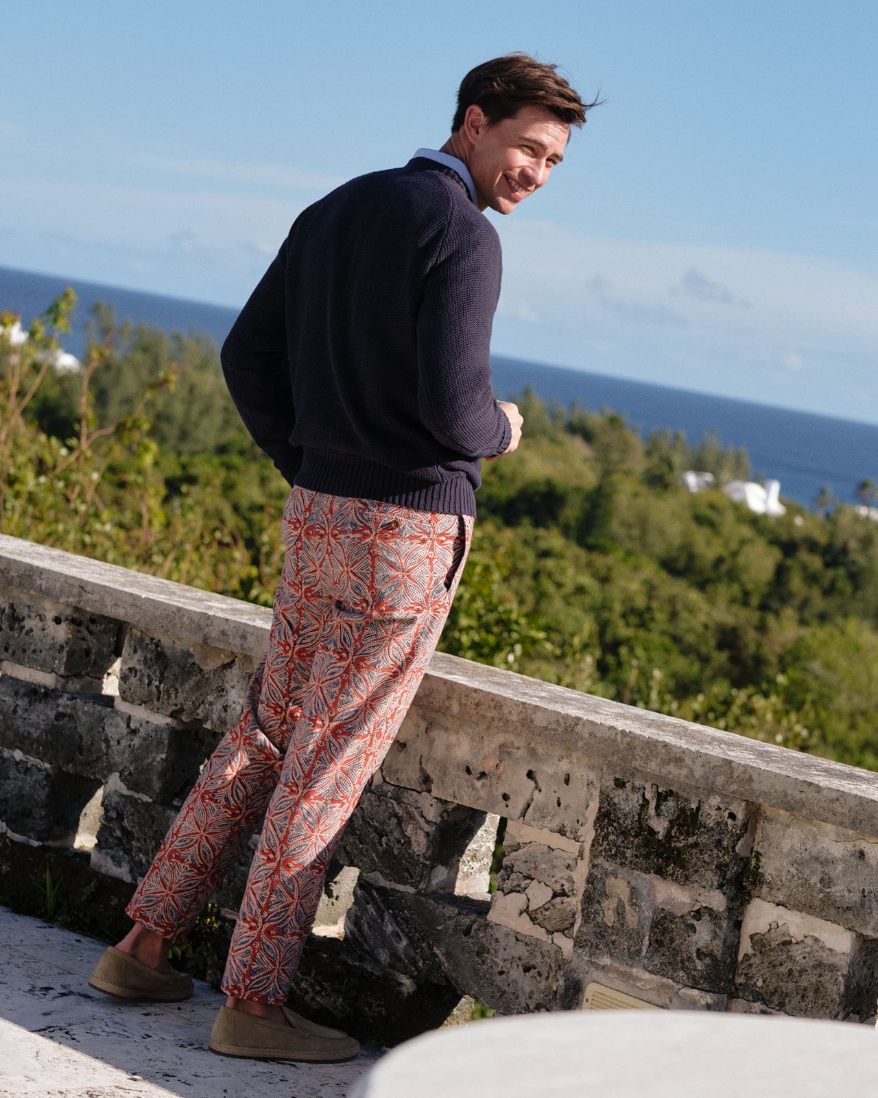 Sport Trouser in Red/Blue/Cream Block Print Poplin