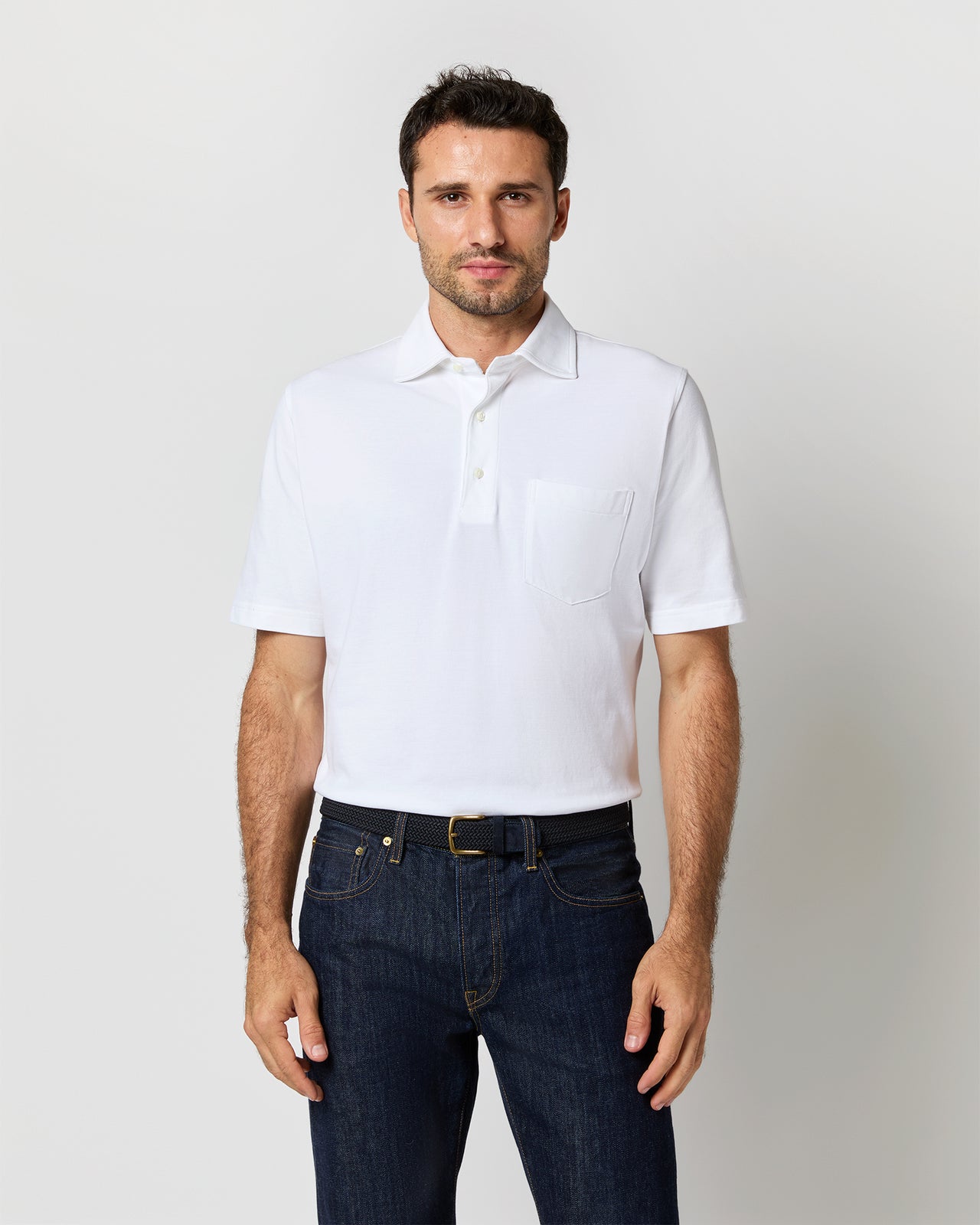 Short-Sleeved Polo in White Pima Pique