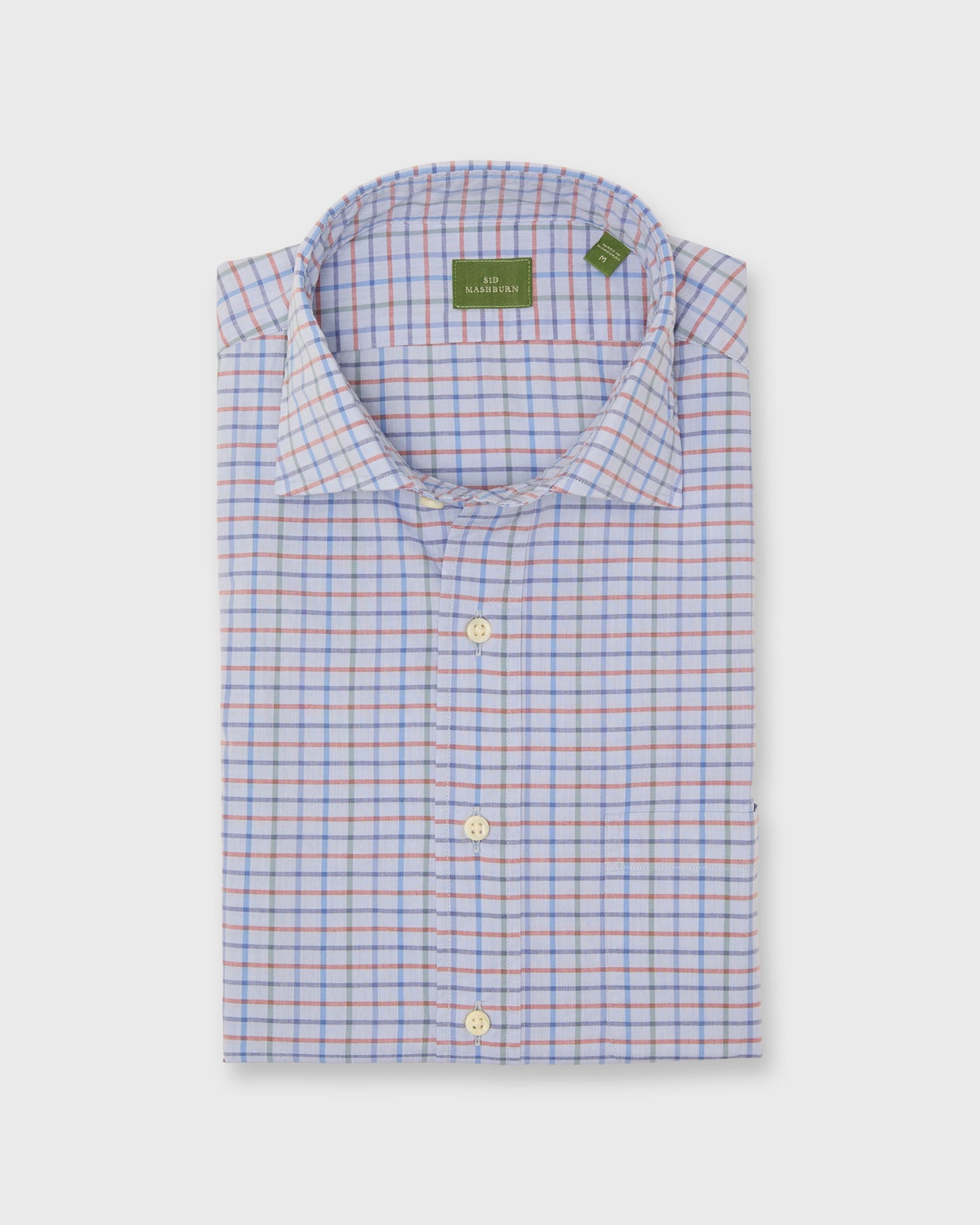 Spread Collar Sport Shirt in Sky/Red/Green Tattersall Poplin