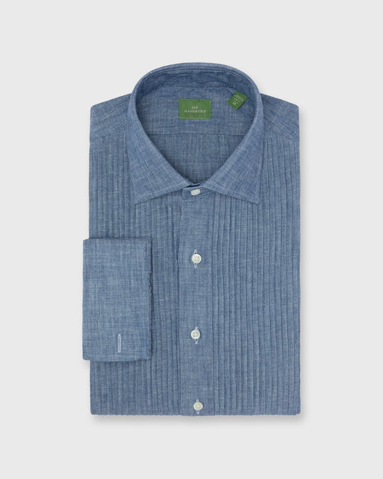 French-Cuff Pleated Bib-Front Tuxedo Shirt in Extra Light Washed Chambray