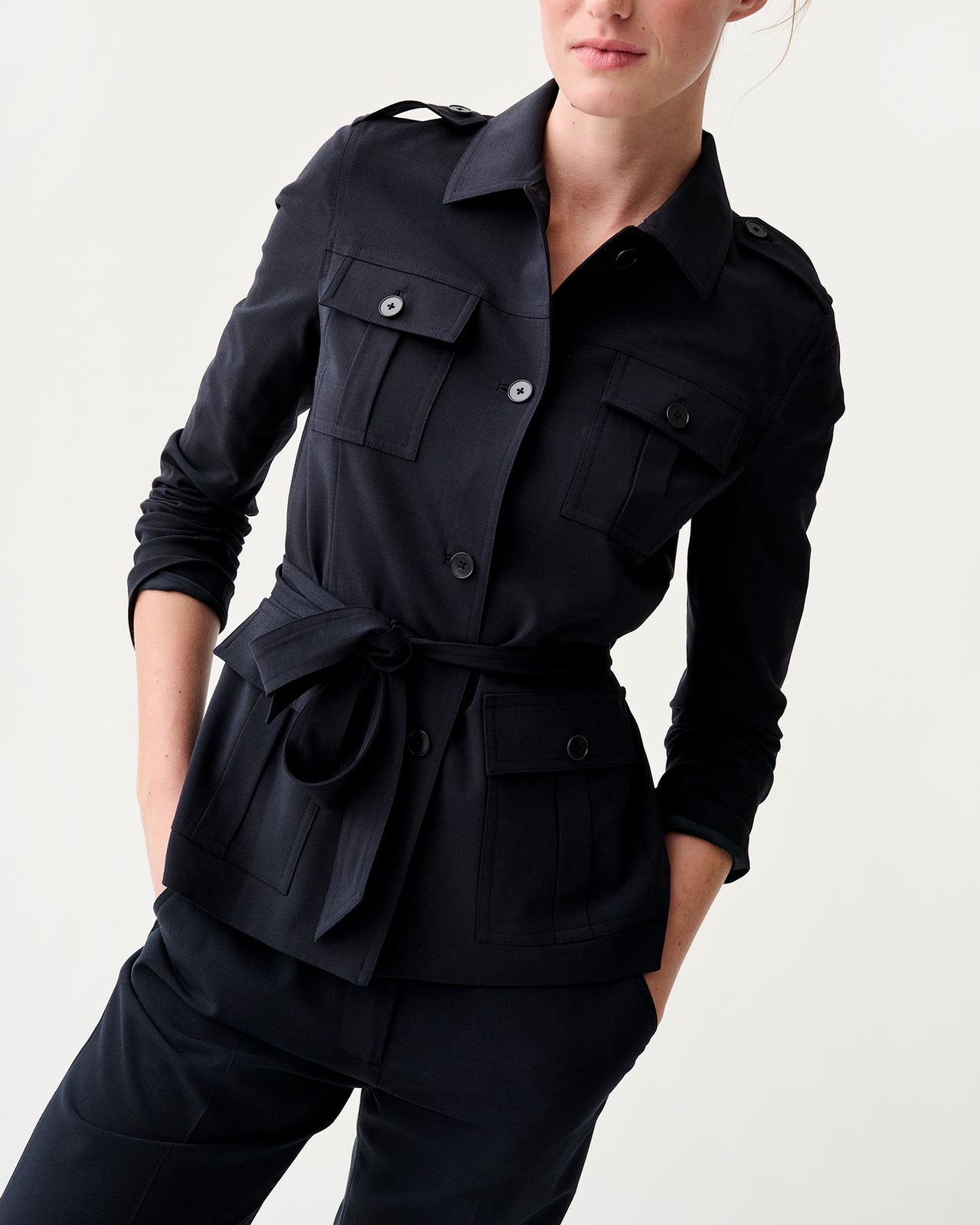 Safari Jacket in Navy Bi-Stretch Tropical Wool