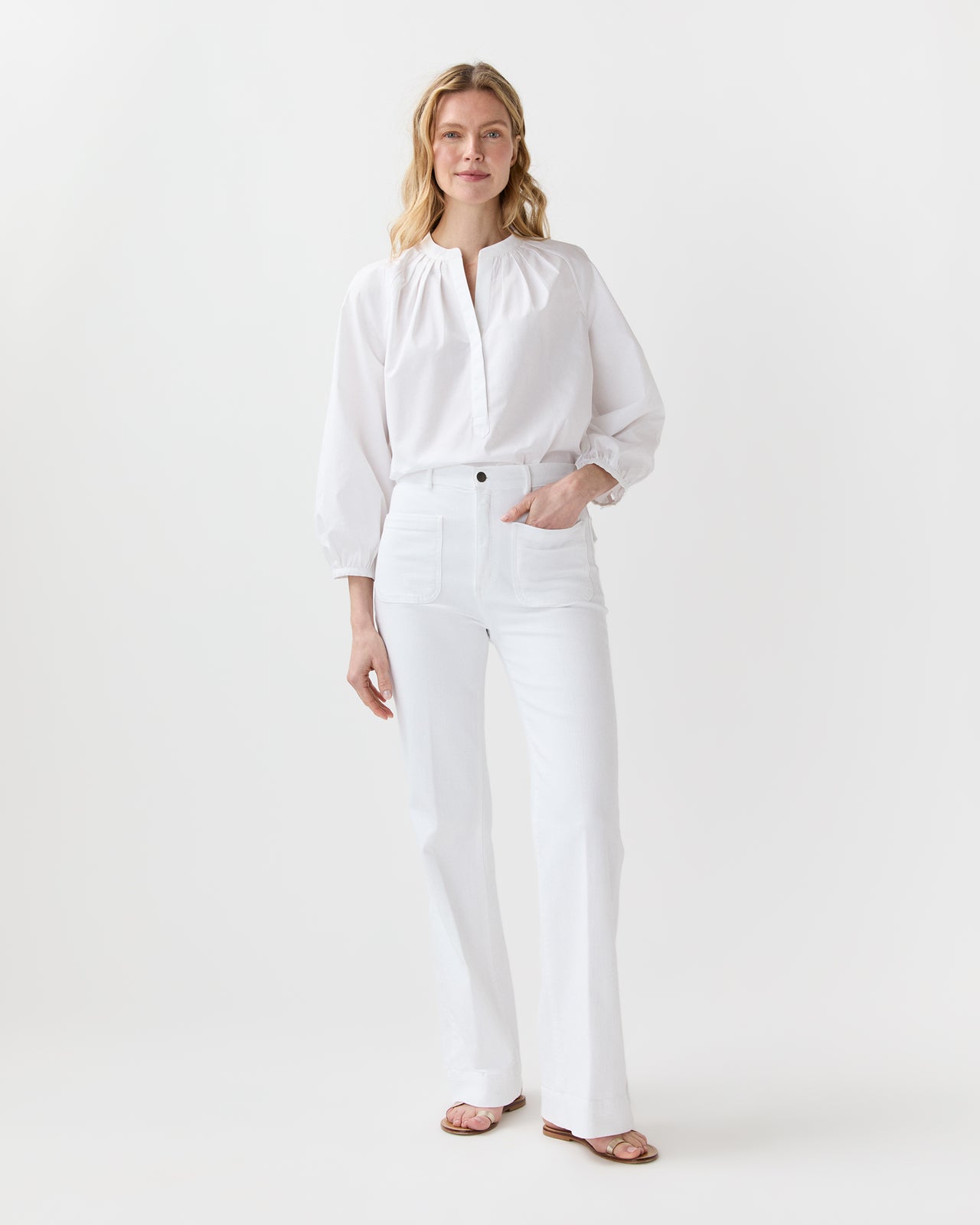 Camille Patch-Pocket Jean in White Stretch Denim