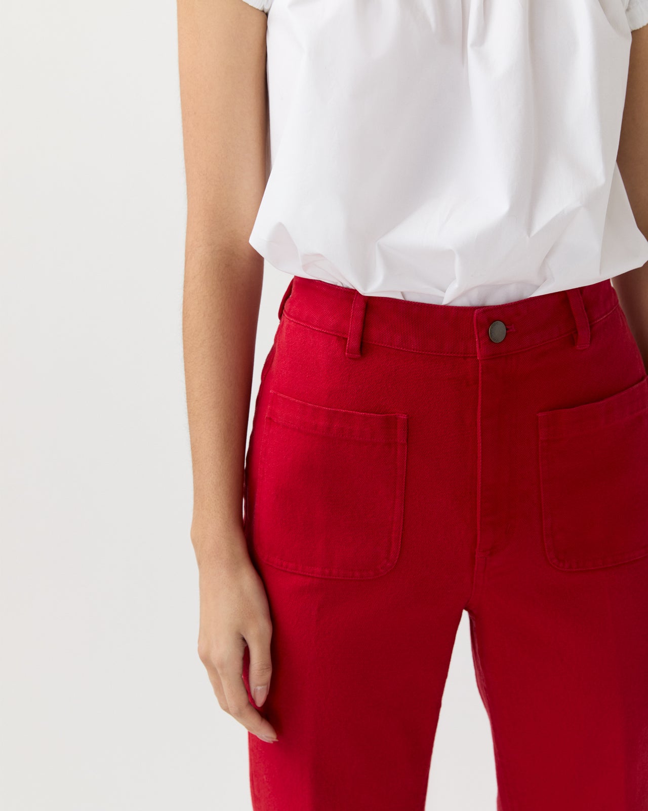 Camille Patch-Pocket Jean in Red Stretch Canvas