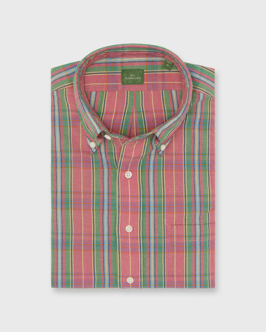 Button-Down Sport Shirt in Coral/Green/Yellow Madras