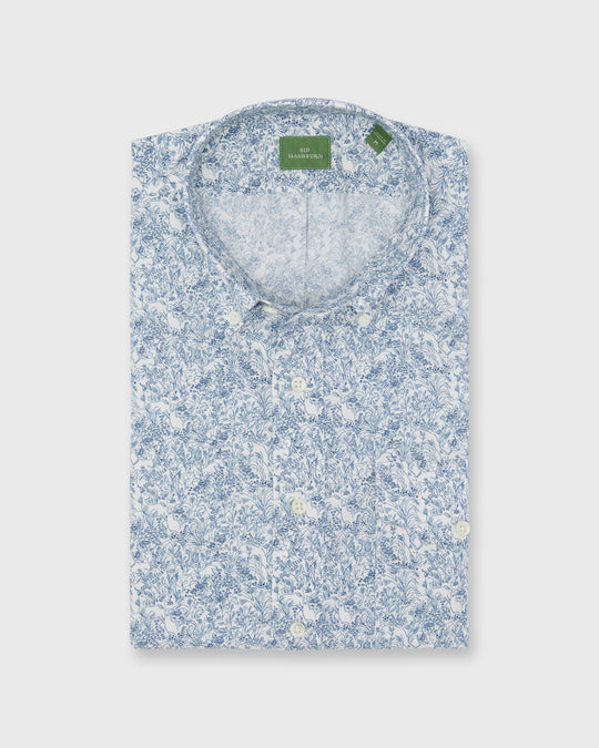 Short-Sleeved Button-Down Sport Shirt in White/Navy Wild Woodland Liberty Fabric