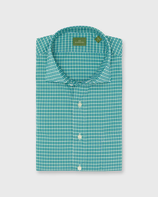 Spread Collar Sport Shirt in Green/Sky/White Check Poplin